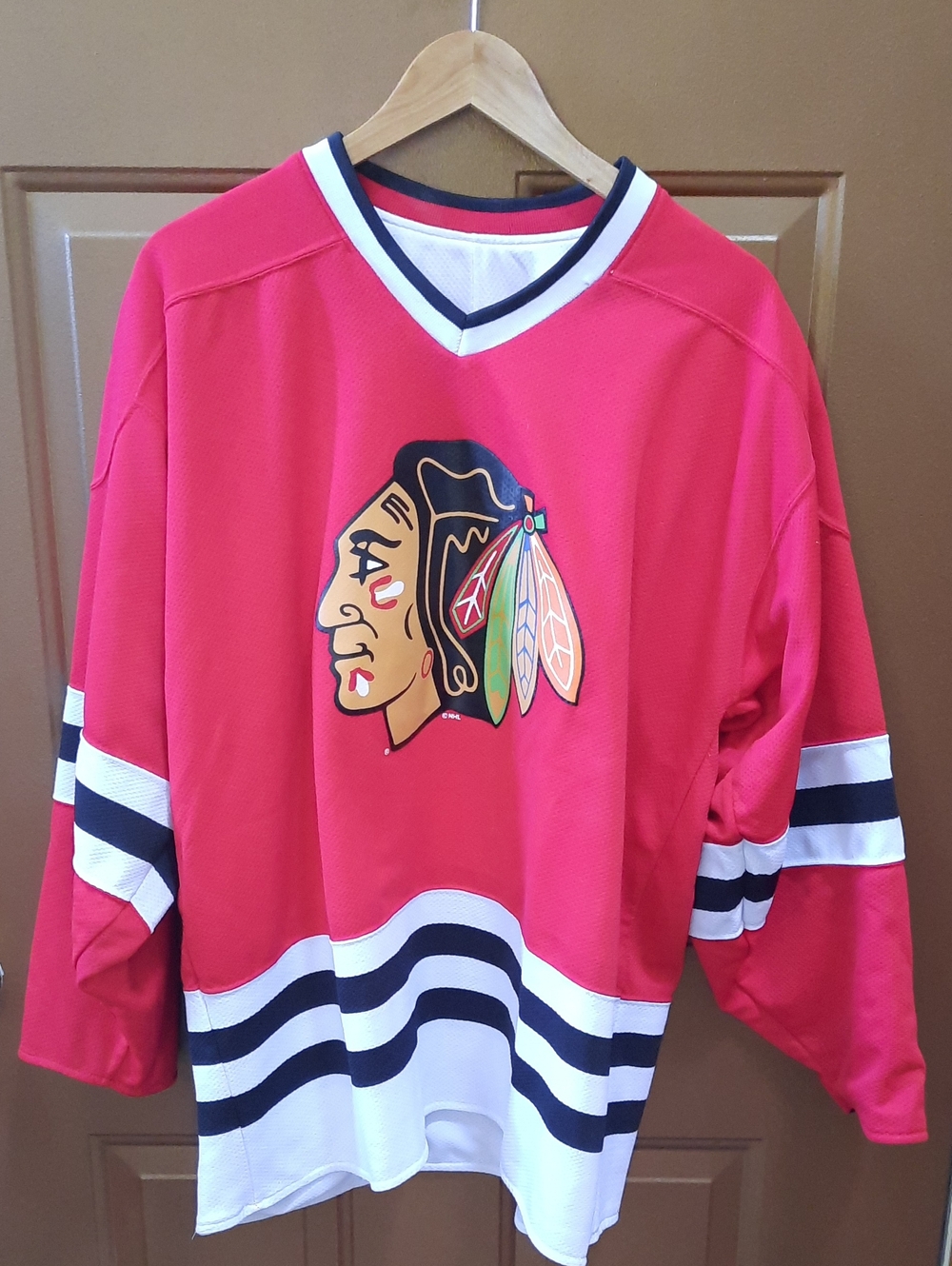STARTER Red Hockey Jersey with Black & White Striping and Center Team Crest